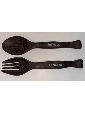 Vintage Hand-Carved Wooden Salad Fork & Spoon Set – Tiki Design Jamaica 🇯🇲
